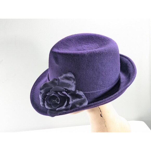 Deep Purple Wool fedora, TEMPTATION Italy purple wool fedora with flower made in - Picture 7 of 10